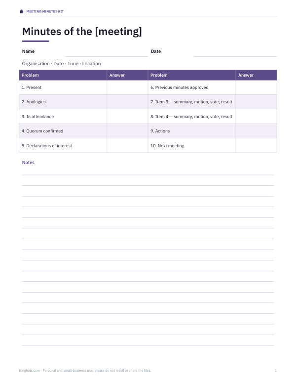 Preview of Printable Minutes Notes Template